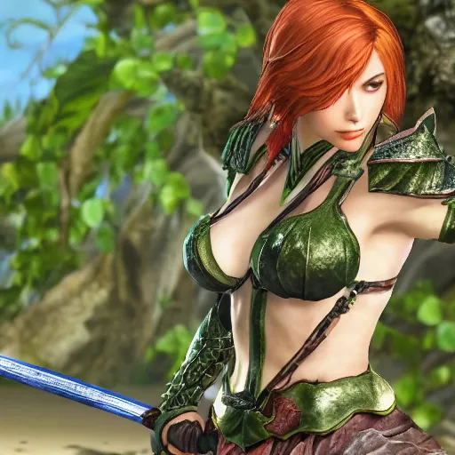 Image similar to ivy from soulcalibur at the beach, 4k, high detail, high-resolution photograph, professional photography, ultra-detail