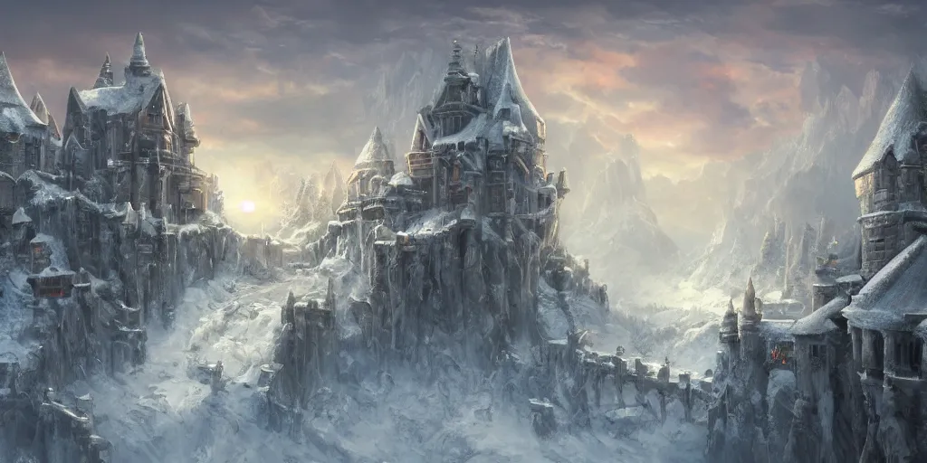 Prompt: fantasy world, fortress in winter, morning, trending on artstation