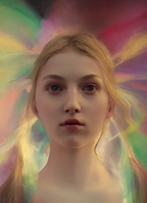 Image similar to painting of a floating angelic spirit made out of clouds and floating ribbons, beautiful female face, spectrum colours, angelic, realistic, raphaelites, baroque, renaissance, cinematic light, volumetric, octane render