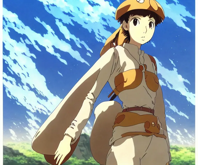 Image similar to anime art full body portrait character nausicaa by hayao miyazaki concept art, anime key visual of elegant young female, short brown hair and large eyes, finely detailed perfect face delicate features directed gaze, valley of the wind and mountains background landscape scenery, trending on pixiv fanbox, studio ghibli, extremely high quality artwork by kushart krenz cute sparkling eyes