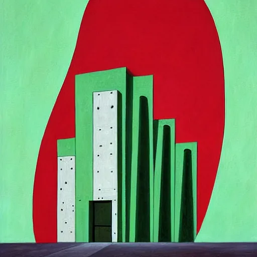 Prompt: a real concrete building with anthropomorphic qualities. one building that reminds me of a green lizart with a red mouth. clearly a building. a painting of sceptile by yves tanguy ricardo bofill