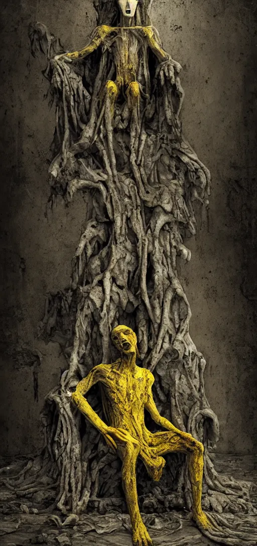 Prompt: a tall pale humanoid being sitting upon an ornate stone throne, 4K, digital art, horror, dramatic, wearing a long yellow rotting garment, dark, hyperrealistic, perspective,