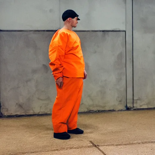 Image similar to horse wearing orange inmate clothes, in a jail