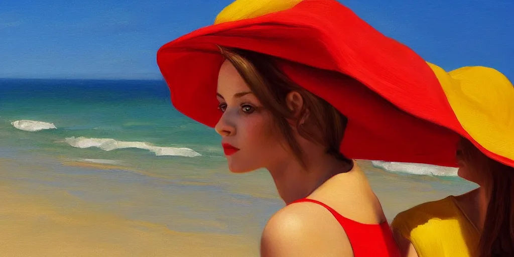 Image similar to beautiful oil matte portrait painting, young woman with red dress and mustard yellow summer hat at a beach on a sunny day, wonderful masterpiece highly detailed, beautiful cinematic light deep focus, elegant, digital painting, smooth, sharp focus, golden ratio, dramatic illumination, ultra realistic, 8 k, art by jimmy law and caravaggio