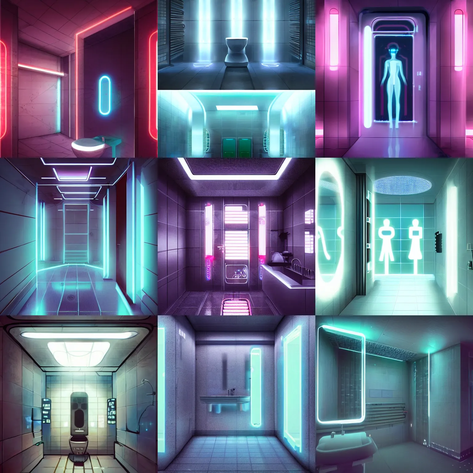 Prompt: a restroom from the future in the year 2 1 0 0, cyberpunk bathroom with neon lights, minimalist architecture, art by charlie bowater and greg rutkowski
