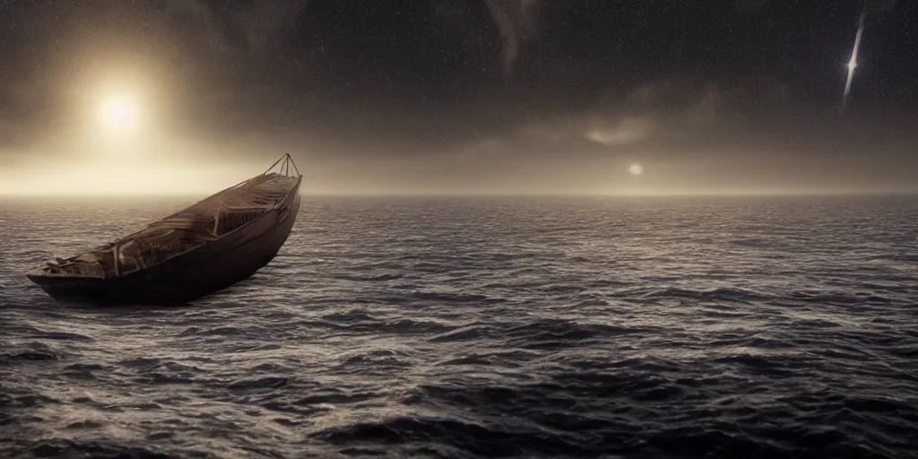 Image similar to a highly detailed realistic photographic render of a boat in a sea of stars, surreal, cinematic lighting, cinematic scene, volumetric lighting, atmospheric scene, dark, mystery, atmospheric lighting, realistic, photo realism, hyper realistic, hyper realism, photo realisitc, cinematic render, film, beautifully lit, ray traced, octane 3 d render, octane render, unreal engine