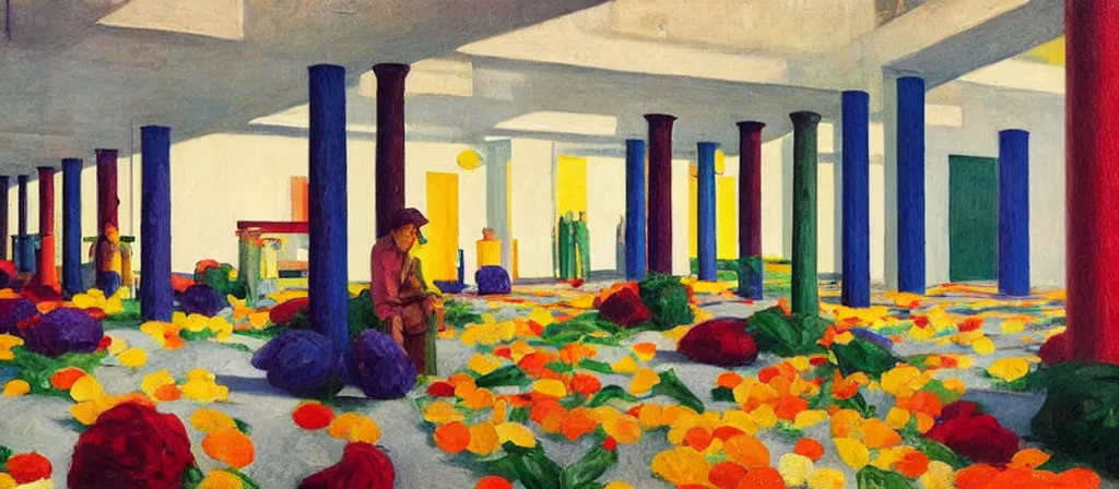 Image similar to colorful minimalist industrial interior hallway with monolithic pillars in the style of ridley scott and stanley kubrick, impossible stijl architecture, bed of flowers on floor, ultra wide angle view, realistic detailed painting by edward hopper