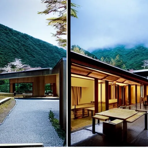 Image similar to “extravagant luxury mountain hotel, in hakone, by Tadao Ando and Kuma Kengo, modern rustic”