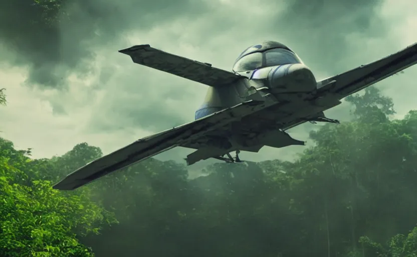 Image similar to photo of sci - fi fighter landing on jungle complex, ultra detailed, movie frame, cinematical composition, 4 k, breaking bad