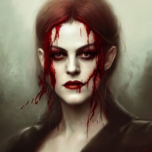 Prompt: portrait of riley keough as a vampire in a bloody business suit, blood red eyes, vampire fangs, fantasy, intricate, elegant, highly detailed, digital painting, art by aenaluck and roberto ferri and greg rutkowski, epic fantasy, digital painting