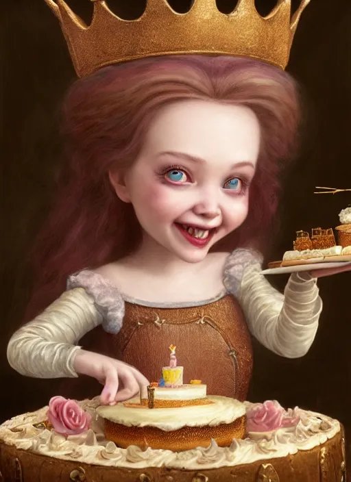 Image similar to highly detailed closeup portrait of a grinning fairytale medieval princess eating birthday cake, unreal engine, nicoletta ceccoli, mark ryden, lostfish, earl norem, global illumination, god rays, detailed and intricate environment