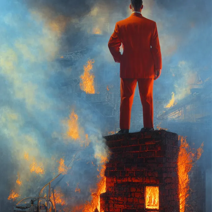 Prompt: front view, one men in suite standing alone burning on fire, piotr jablonski, tim hildebrandt, mark maggiori, jeff dekal, long shot, hyperrealistic oil painting on canvas, deep depth field, cinematic composition, hyper - detailed, hdr, 8 k, 4 k