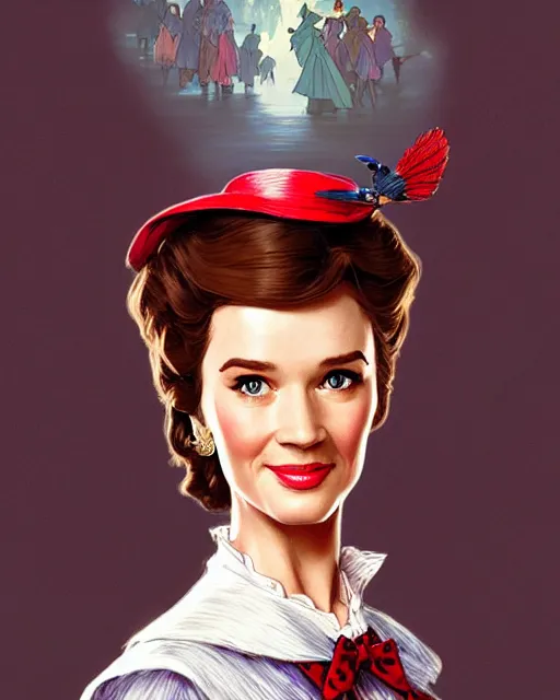 Prompt: Mary Poppins (1964) smiling and looking to the side, D&D, fantasy, intricate, elegant, highly detailed, digital painting, artstation, concept art, matte, sharp focus, illustration, hearthstone, art by Artgerm and Greg Rutkowski and Alphonse Mucha