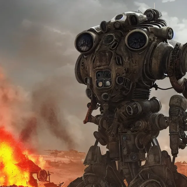 Prompt: a mech in the style of fallout in the style of mad max in the style of metro : 2 0 3 3 hyper detailed photorealistic hd 8 k post - processing high resolution