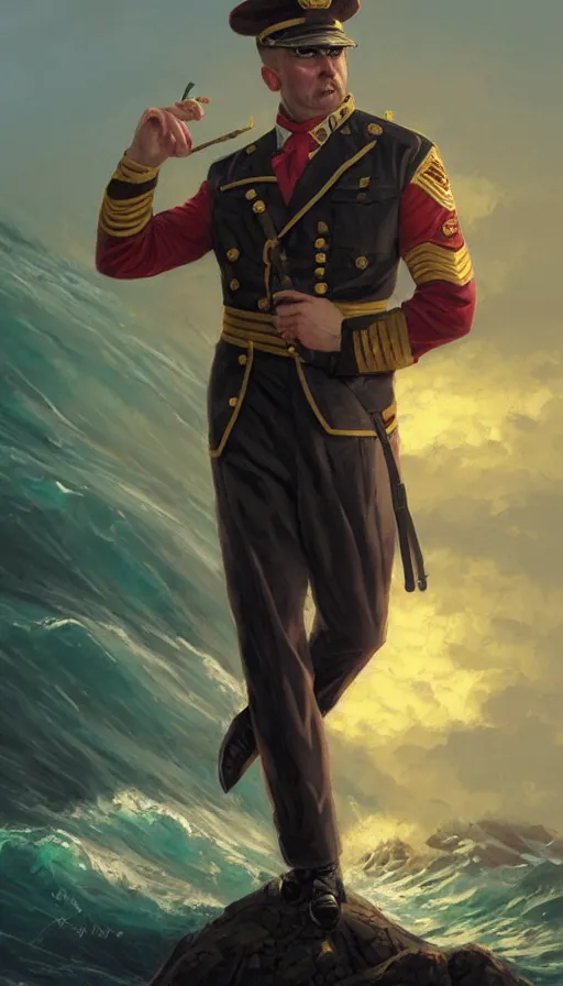 Image similar to proud commodore marine captain, stern look, late xix century commander vest, full body portrait xix immpresionist paint, wild ocean background, highly detailed, digital painting, artstation, concept art, sharp focus, illustration, art by Artgerm, Greg Rutkowski, Craig Mullins, WLOP, Ross tran, James Jean, Andrei Riabovitchev, magic the gathering, - W 640