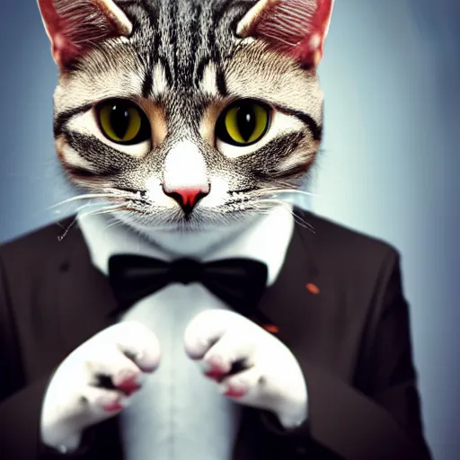 Image similar to a high quality photo of a cat wearing a suit and smoking, render, ultra realistic, cgsociety