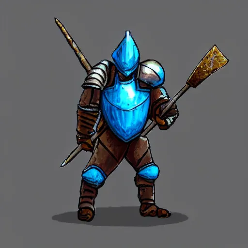 Prompt: A knight in a blue armor wearing a horned helmet and carrying a shovel, 40x40 pixel game asset