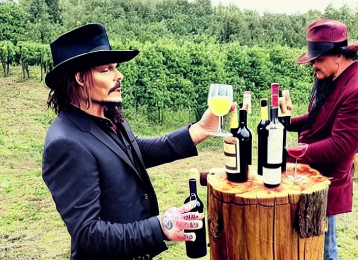 Prompt: jonney depp selling mega pints of wine at a makeshift wood stand, realistic, detailed