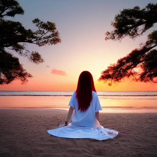 Prompt: Detailed anime visual if japanese girl with long red hair in a white silky dress sitting in the sand on a beach at sunset