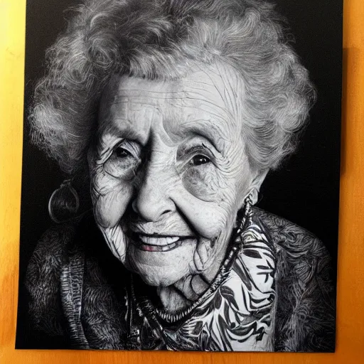 Prompt: A photo of a portrait of a 95 year old lady, 35 mm lens, black background , trending on Art Station, high detailed, photorealistic