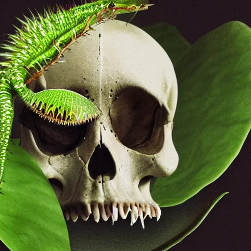 Image similar to a Venus flytrap growing in the mouth of a skull, photo, detailed, 4k