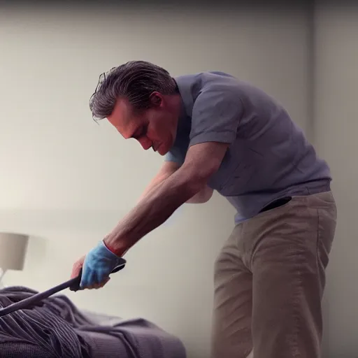 Prompt: close shot of hyperrealistic jordan peterson cleaning his room, award winning artstation