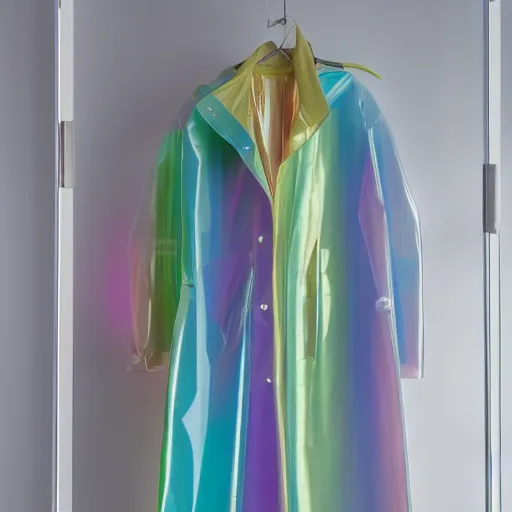 Image similar to an ultra high definition professional studio quality photograph of a transparent iridescent perspex pastel coloured raincoat on a white coat hook in an empty white room. dramatic lighting, ray tracing, refraction, shallow d. o. f, colour corrected, golden ratio, three point light. light rays.