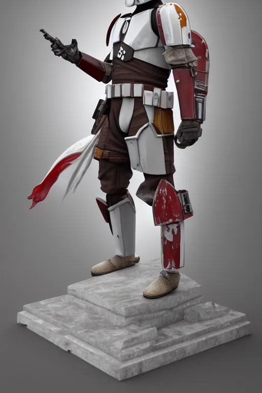Prompt: mandalorian statue made of white marble standing, 3 d render, octane render, unreal engine, detailed, dynamic light, beautiful, rococo, accents of red