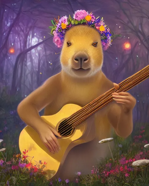 Image similar to Capybara playing Guitar in magical forest, portrait, wearing flower crown, magical notes, flowers, flower dress, birds, fairy atmosphere, magic the gathering artwork, D&D, fantasy, cinematic lighting, centered, symmetrical, highly detailed, digital painting, artstation, concept art, smooth, sharp focus, illustration, volumetric lighting, epic Composition, 8k, art by Akihiko Yoshida and Greg Rutkowski and Craig Mullins, oil painting, cgsociety