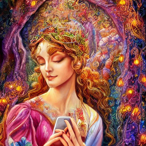 Prompt: a nature goddess checking her cell phone by senior concept artist josephine wall, acrylic on canvas, intricately detailed, high resolution trending on artstation