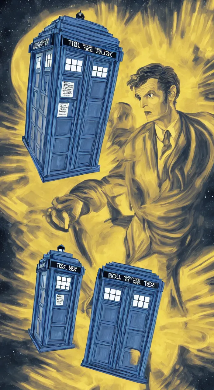 Prompt: the doctor and the TARDIS in an art deco style