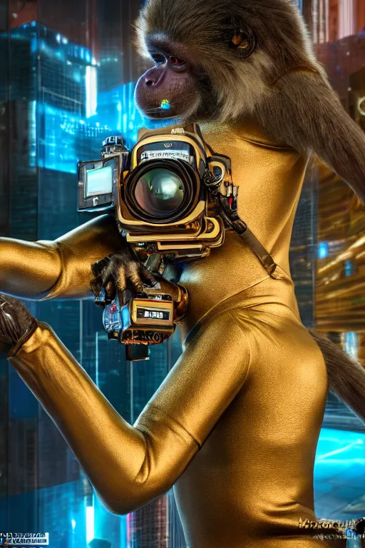 Image similar to Photography of ultra mega super hyper realistic detailed monkey in cyberpunk suit with many details by Hiromasa Ogura . Photo shot from 30m distance on ultra mega super hyper Leica Q2 Camera, Rendered in VRAY and DaVinci Resolve and MAXWELL and LUMION 3D, Volumetric cyan gold natural light