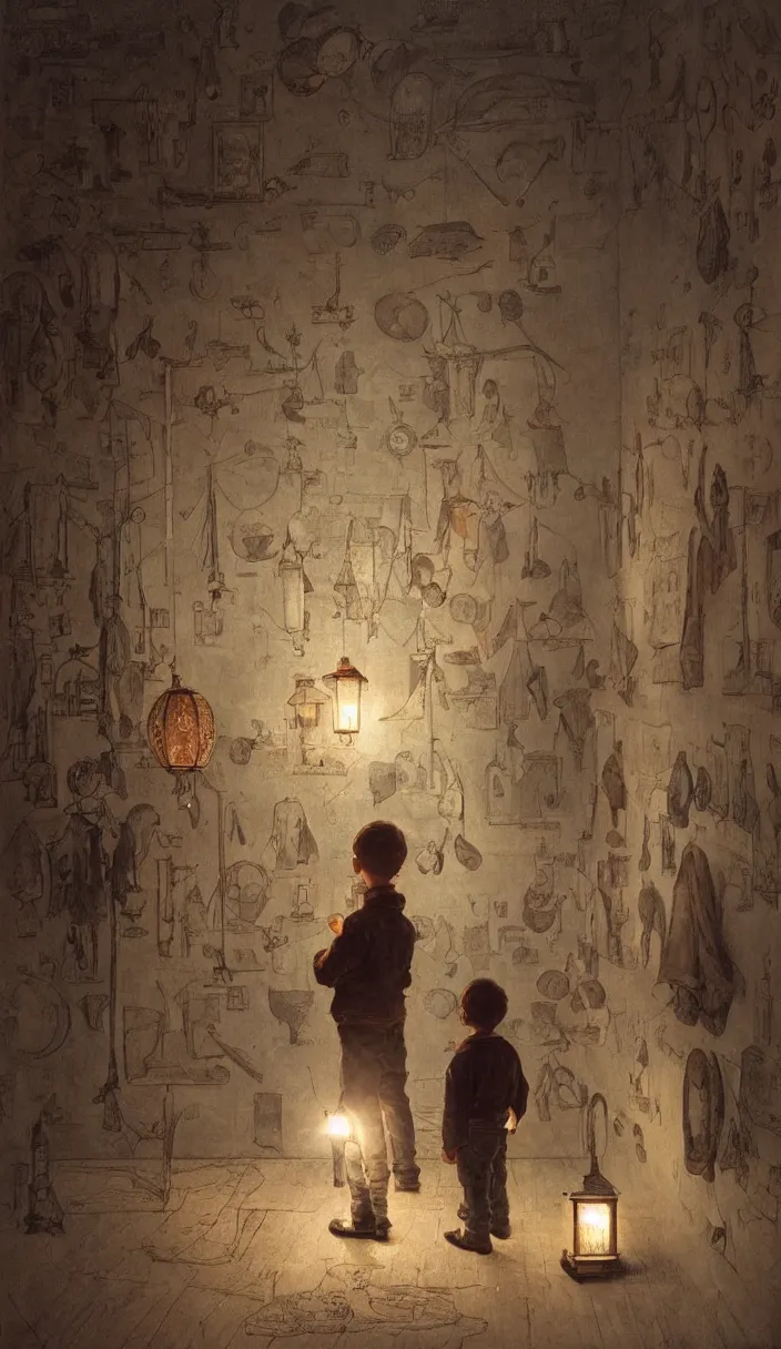 Prompt: a kid in a museum with a lantern looking at a painting showing the same scene where he is, part by Norman Rockwell, part by Greg Rutkowski , part by Mattias Adolfsson, high angle, intricate, detailed, (((volumetric lighting))), oil on canvas