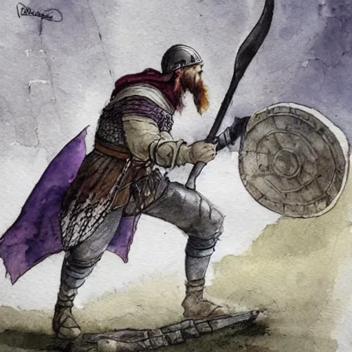 Image similar to une deesse viking sur un champ de bataille qui par en guerre pour recuperer son trone, dans un style aquarelle