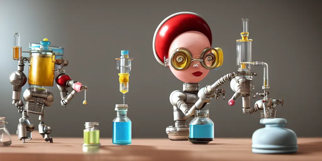 Prompt: closeup portrait of tin toy retro chemist robot mixing chemicals and cooking pastry cake in a kitchen, depth of field, zeiss lens, detailed, centered, fashion photoshoot, by nicoletta ceccoli, mark ryden, lostfish, breathtaking, 8 k resolution, extremely detailed, beautiful, establishing shot, artistic, hyperrealistic, octane render