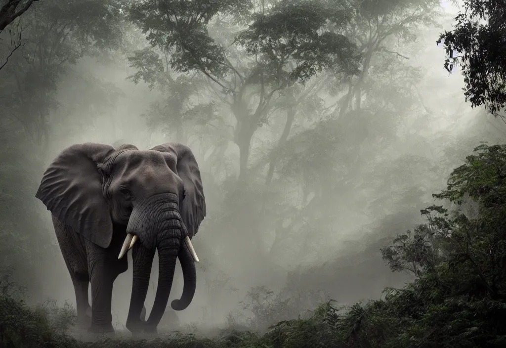 Prompt: an enormous charging elephant king, in a jungle with ominous light from above, ambient light, fog, river, very poetic