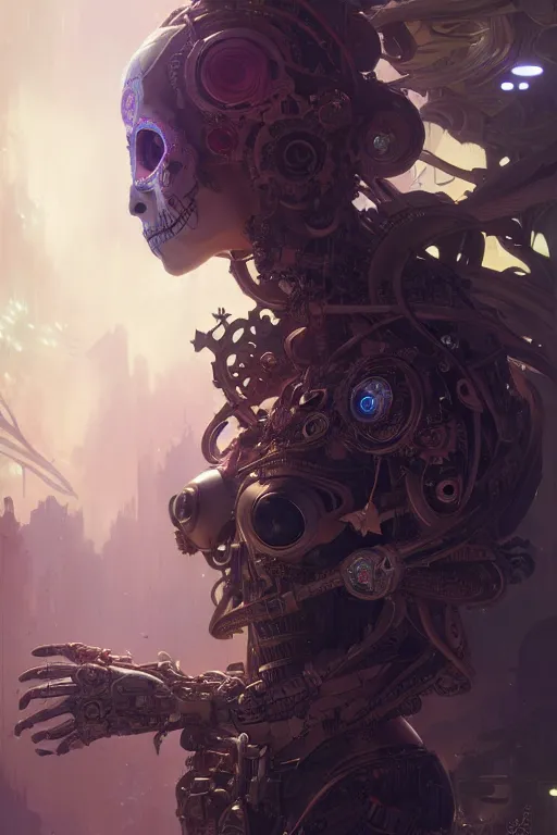 Image similar to ultra detailed female android, scifi, fantasy, octane render, ( dia de los muertos ), asymmetrical, intricate concept art, intricate detailed environment, global illumination, art by godmachine and michael welan and rossdraws and greg rutkowski and alphonse mucha and loish and wlop