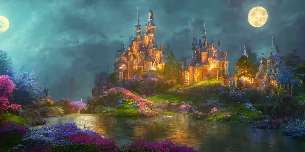 Image similar to a single glittering fairy castle at night, a full moon, water and colourful flowers, extremely detailed oil painting, unreal 5 render, fantasy digital art, octane render, beautiful composition, trending on artstation, award-winning photograph, masterpiece