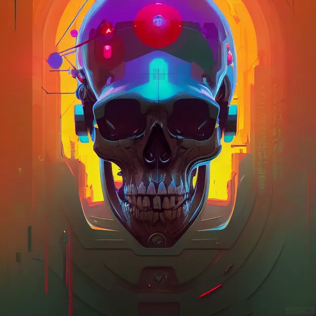 Prompt: a beautiful portrait painting of a ( cyberpunk ) skull by simon stalenhag and pascal blanche! and alphonse mucha! and nekro!! and josan gonzalez!. in style of digital art. colorful comic, film noirs, symmetry, brush stroke, vibrating colors, hyper detailed. octane render. trending on artstation