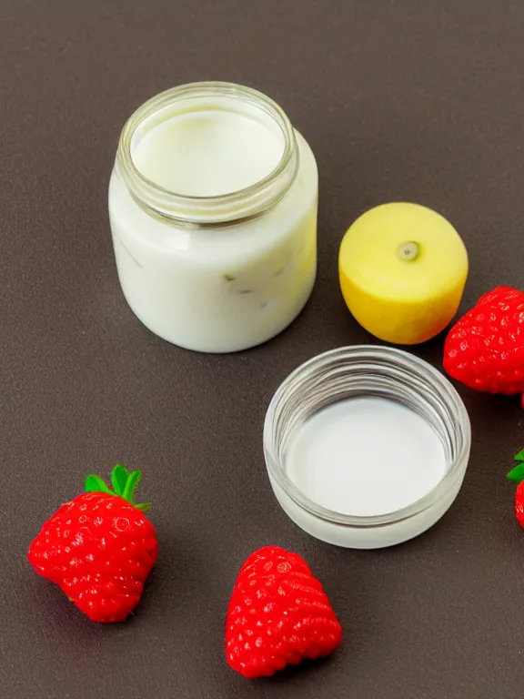 Image similar to 3 5 mm detailed miniature diorama of plastic jar of yogurt filled with fruits