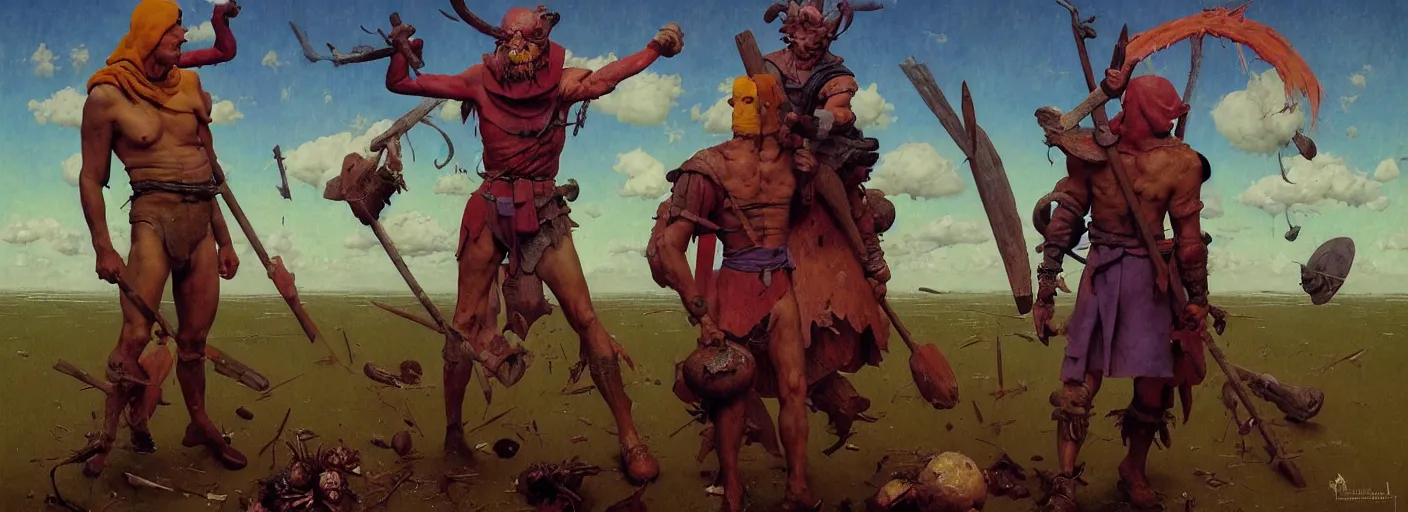 Image similar to full - body portrait surreal colorful clay fighting artstation rpg barbarian character concept art anatomy, action pose, very coherent and colorful high contrast masterpiece by norman rockwell franz sedlacek hieronymus bosch dean ellis simon stalenhag rene magritte gediminas pranckevicius, dark shadows, sunny day, hard lighting, reference sheet white! background