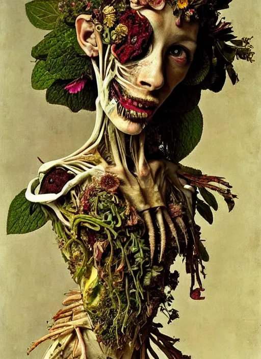 Image similar to beautiful and detailed rotten woman made of plants and many different types of flowers, muscles, intricate, organs, ornate, surreal, miguel angel, gustave courbet, caravaggio, romero ressendi, gunther von hagens
