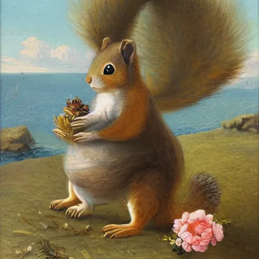 Image similar to a giant fluffy squirrel carrying napoleon bonaparte on its back, beach scene, flowers and foliage, detailed oil painting