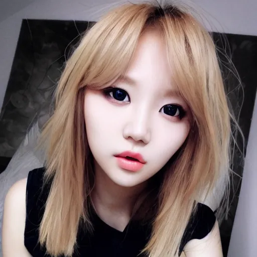 Image similar to girlfriend European kpop beautiful gorgeous, cute dazzling eyes, shy, blonde hair, wearing camisoles