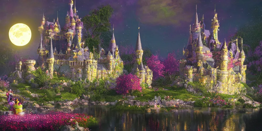 Image similar to a single glittering fairy castle at night, a full moon, water and colourful flowers, extremely detailed oil painting, unreal 5 render, fantasy digital art, octane render, beautiful composition, trending on artstation, award-winning photograph, masterpiece