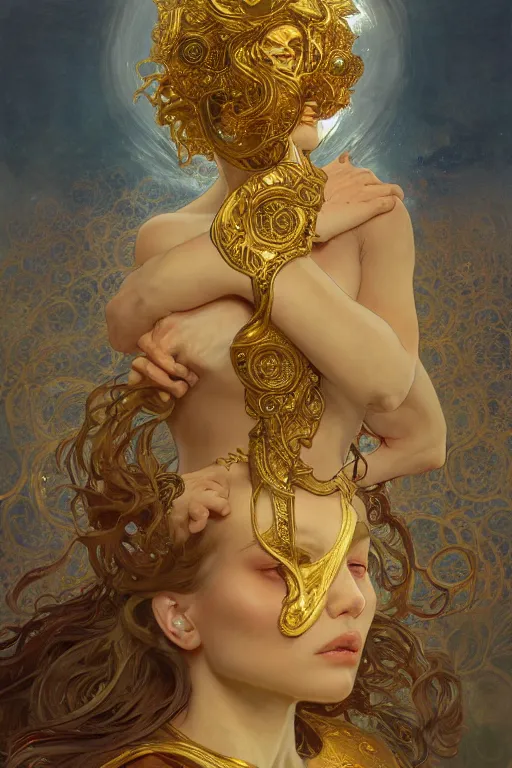 Image similar to god of sun, gold hair, gold eyes, tanned skin, fantasy, intricate, highly detailed, digital painting, artstation, concept art, smooth, sharp focus, art by art by Artem Demura and Alphonse Mucha, ArtGerm, valentina remenar, ruan jia