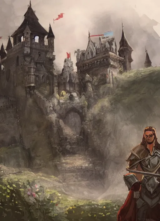 Prompt: huge and intricate castle in background, sword stuck in the dirt in the foreground, concept art