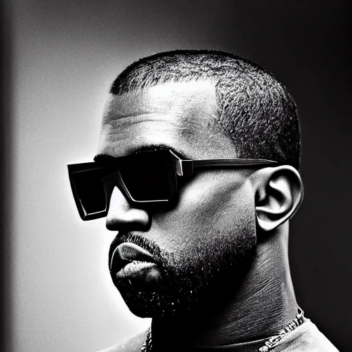 Prompt: cinematic photograph of Kanye West dresses as a cyborg, minimal album cover, shallow depth of field, 40mm lens, gritty, textures