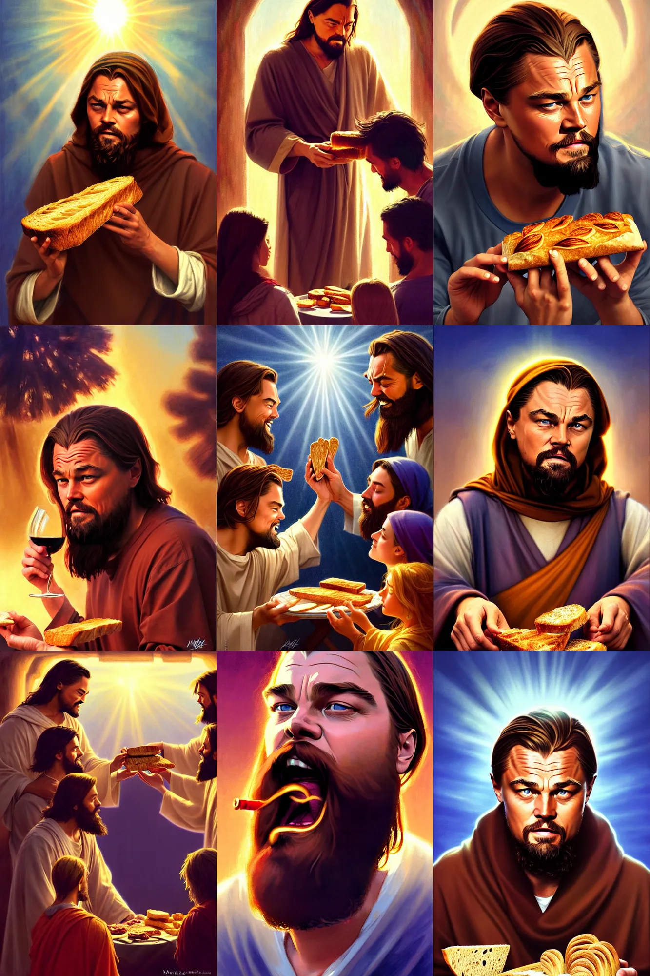 Prompt: bearded leonardo dicaprio as jesus sharing bread and wine with the local community, joyful, holy rays of spiritual light, worship, pixar style, shaded lighting poster by magali villeneuve, artgerm, jeremy lipkin and michael garmash, rob rey and kentaro miura style, trending on art station