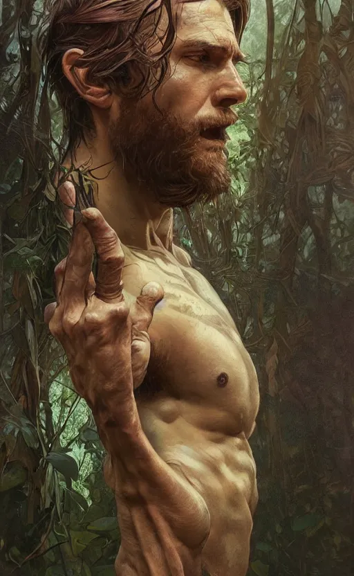 Image similar to god of the forest, 3 0 years old, rugged, male, gorgeous, detailed face, amazing, thighs!!!!!!, muscular, intricate, highly detailed, digital painting, artstation, concept art, sharp focus, illustration, art by greg rutkowski and alphonse mucha